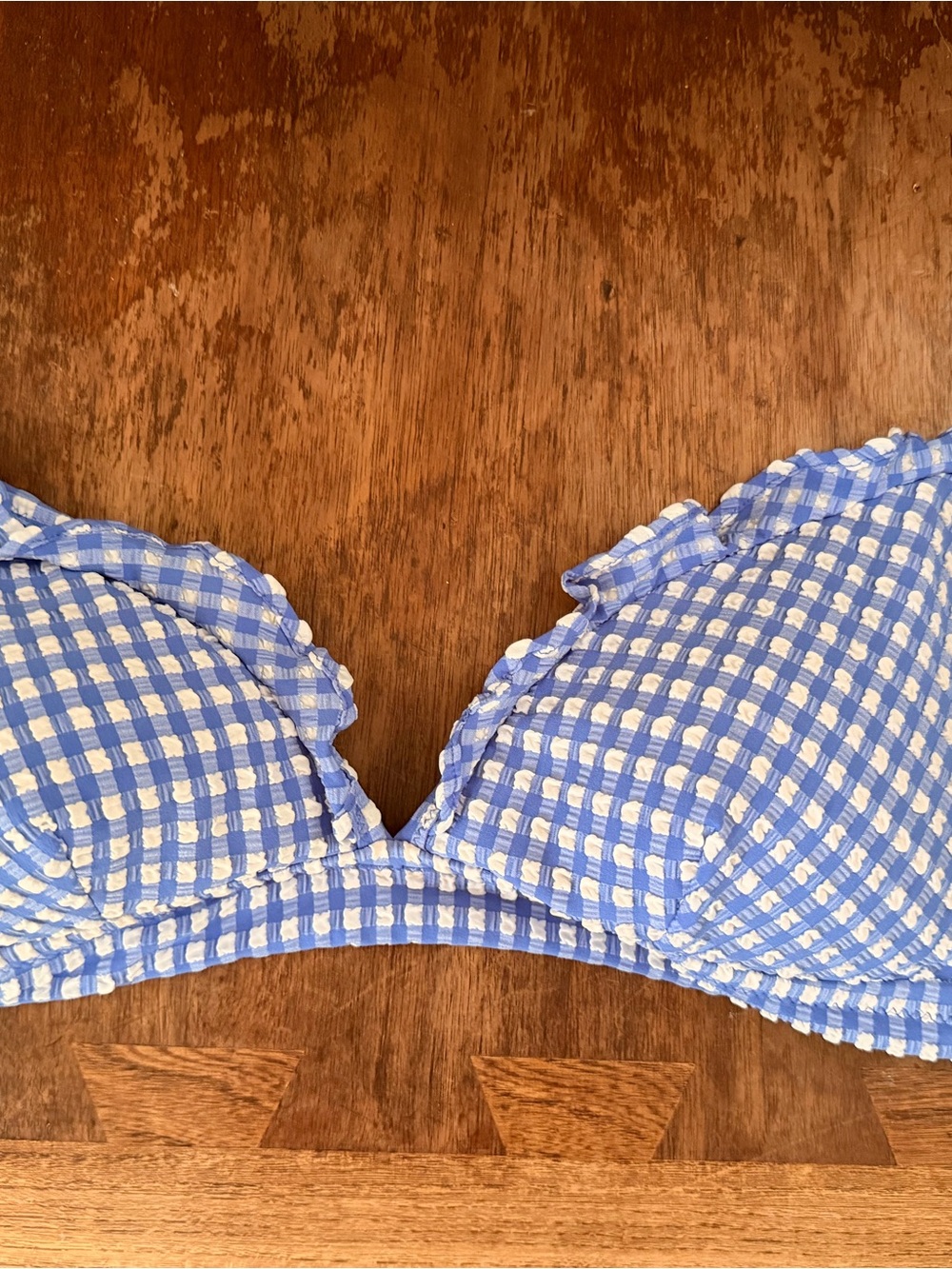 J. Crew Peach Bikini Top with Blue Gingham Trim